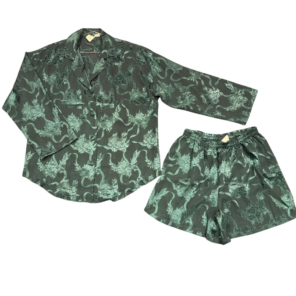 Victoria's Secret Pajama Set Womens S Green Floral Jacquard Burnout Vintage 90s